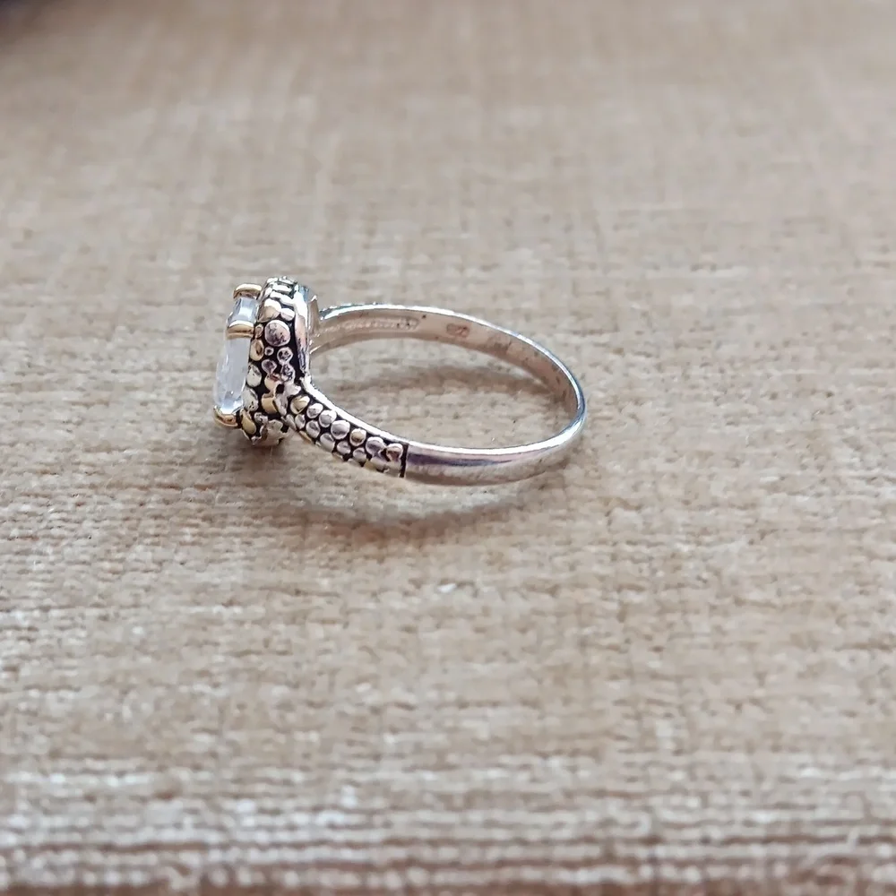 Rhinestone Pebbled Gold and Silver Textured Silver Ring